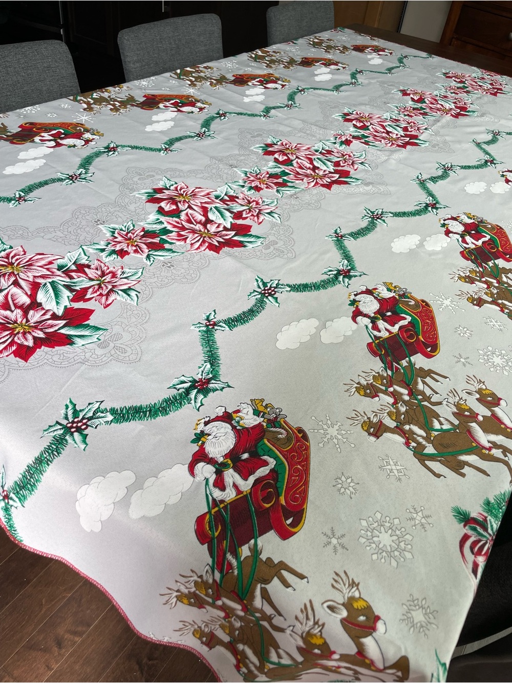 Vintage Santa & Poinsettia Holiday Tablecloth in Red, Green, White 60 x 80 inche